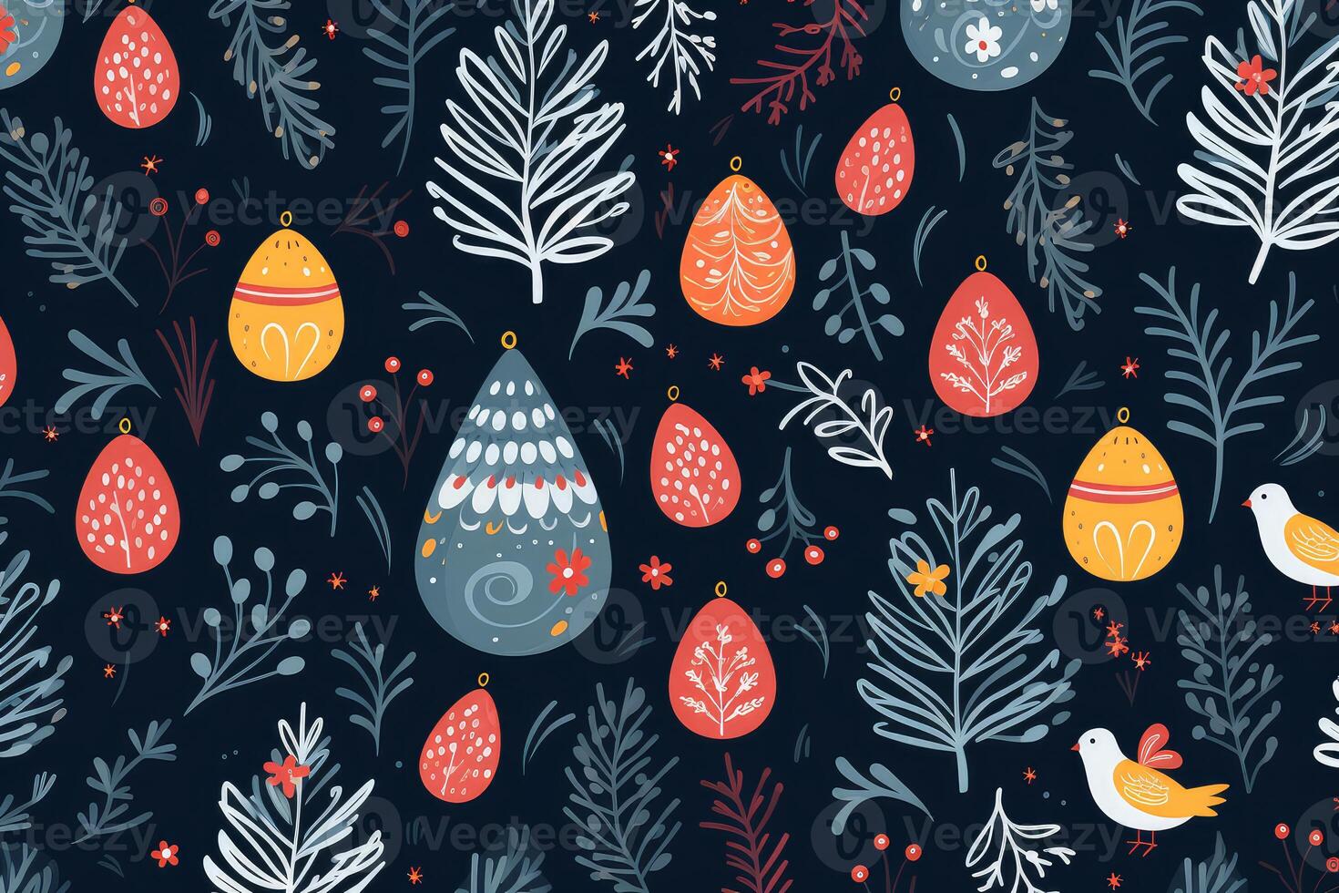 Christmas seamless pattern with birds, ornaments, and floral decorations on dark background photo