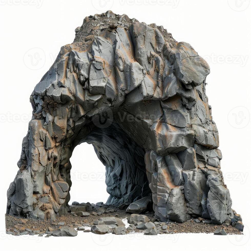 Large natural rock arch formation creating tunnel on white background photo