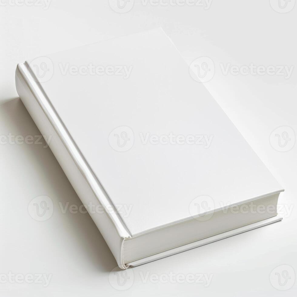 Blank white hardcover book resting on white background photo