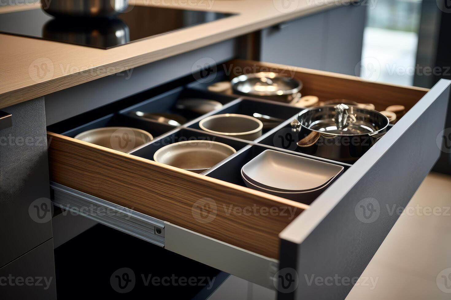 Modern kitchen drawer open showing organized cookware and utensils photo