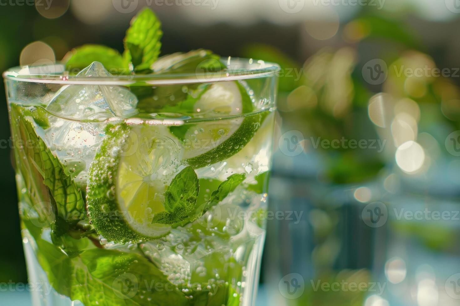 Refreshing mojito cocktail with lime, mint, and ice on sunny day photo