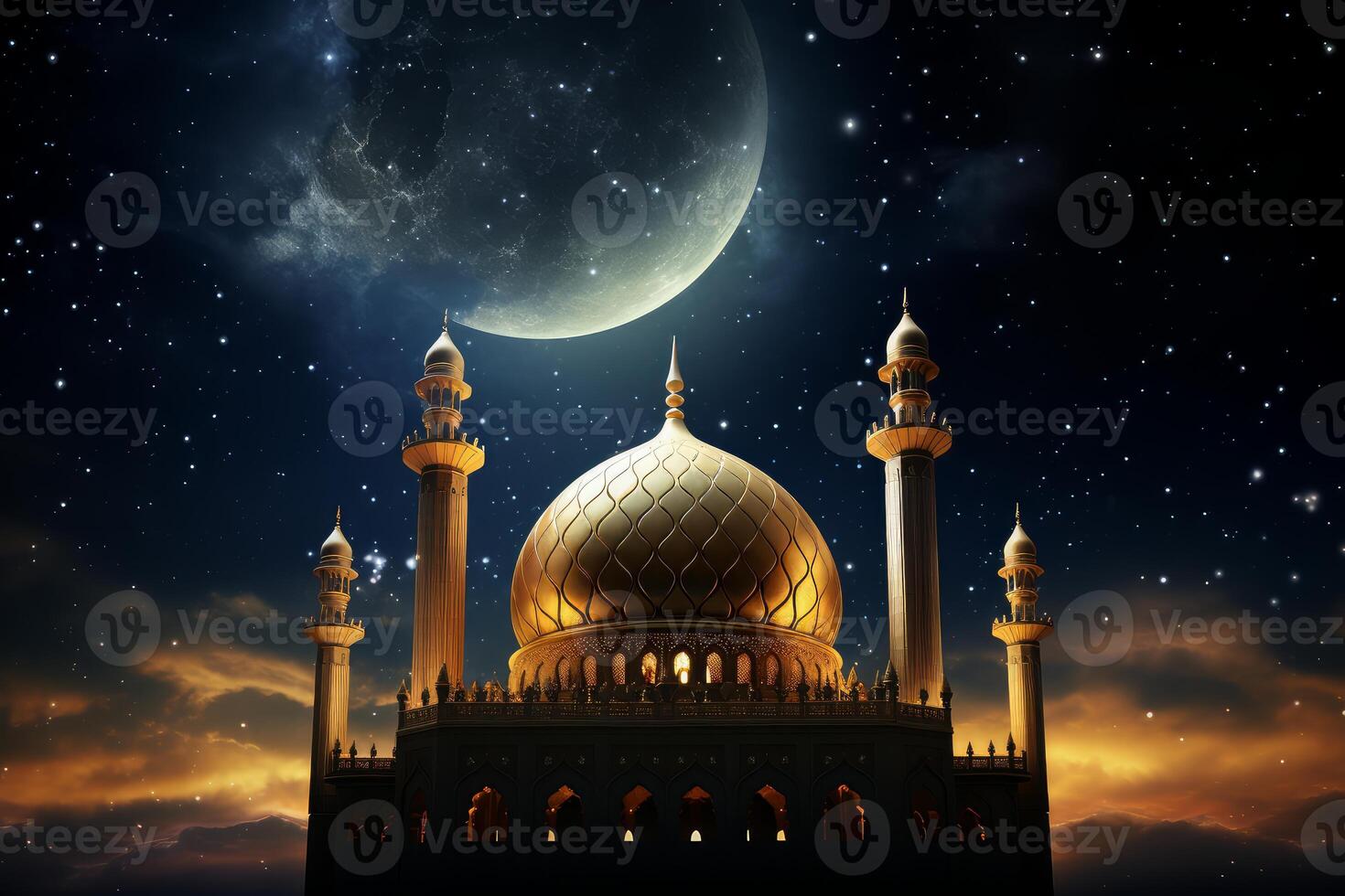 Majestic mosque illuminated under crescent moon and starry night sky photo