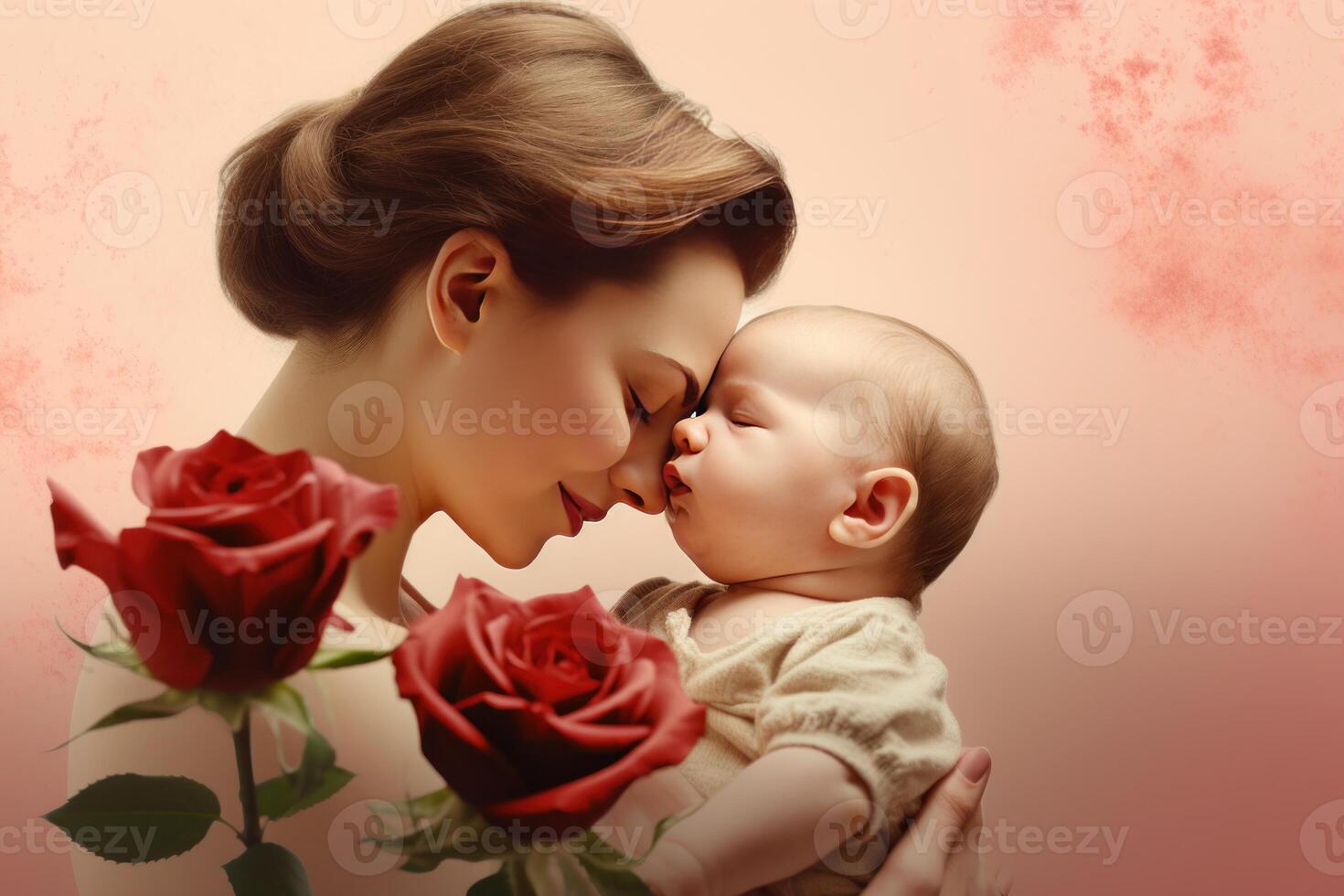 Happy mother holding her newborn baby with red roses photo