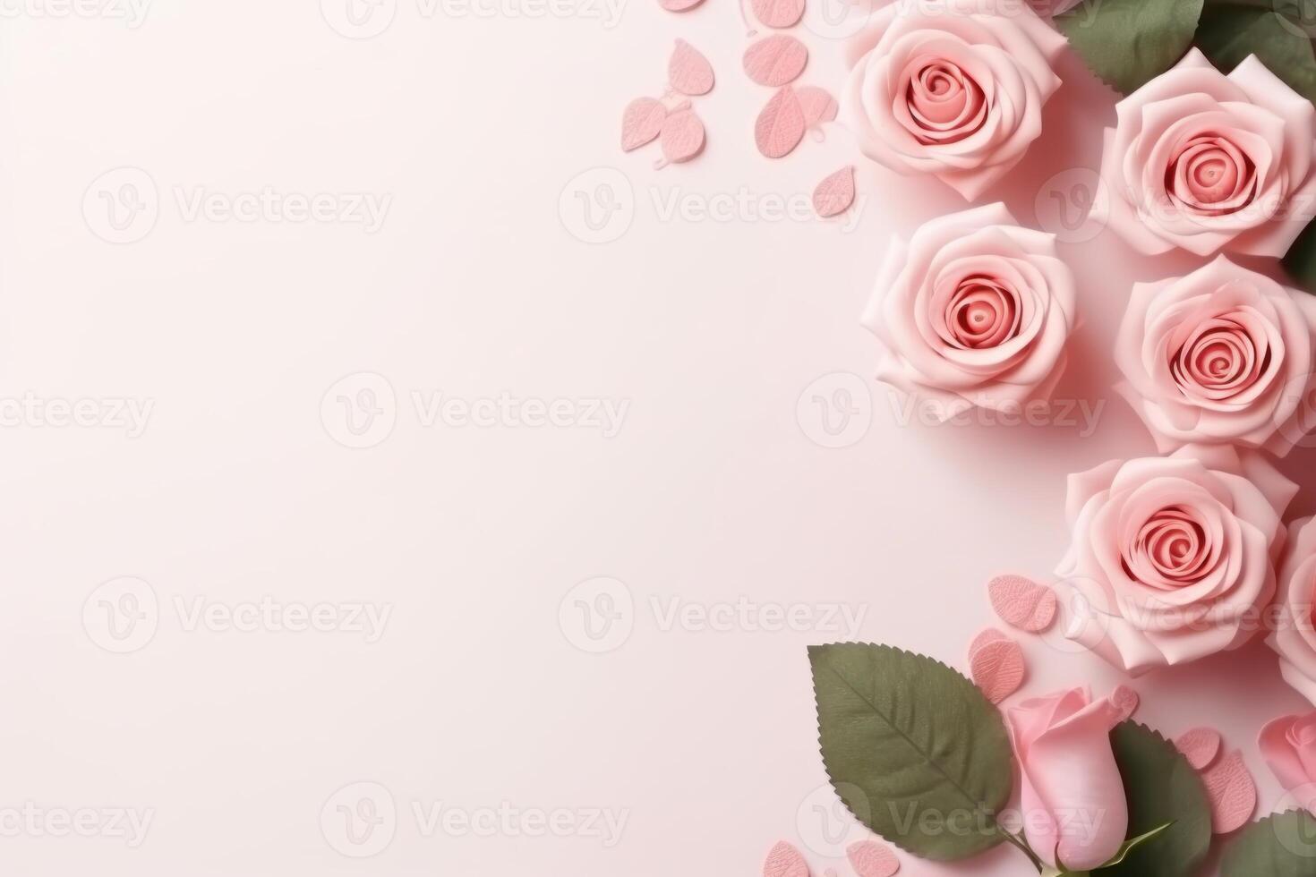 Pink roses and petals creating a beautiful border on pastel background photo