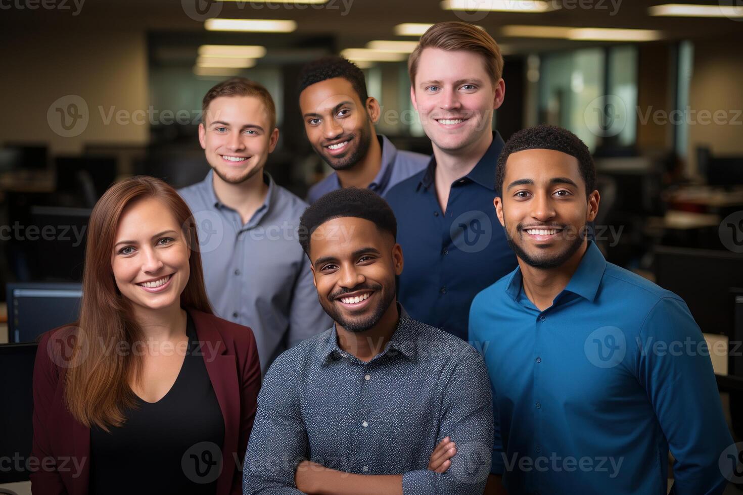 Diverse business team smiling together in modern office setting photo