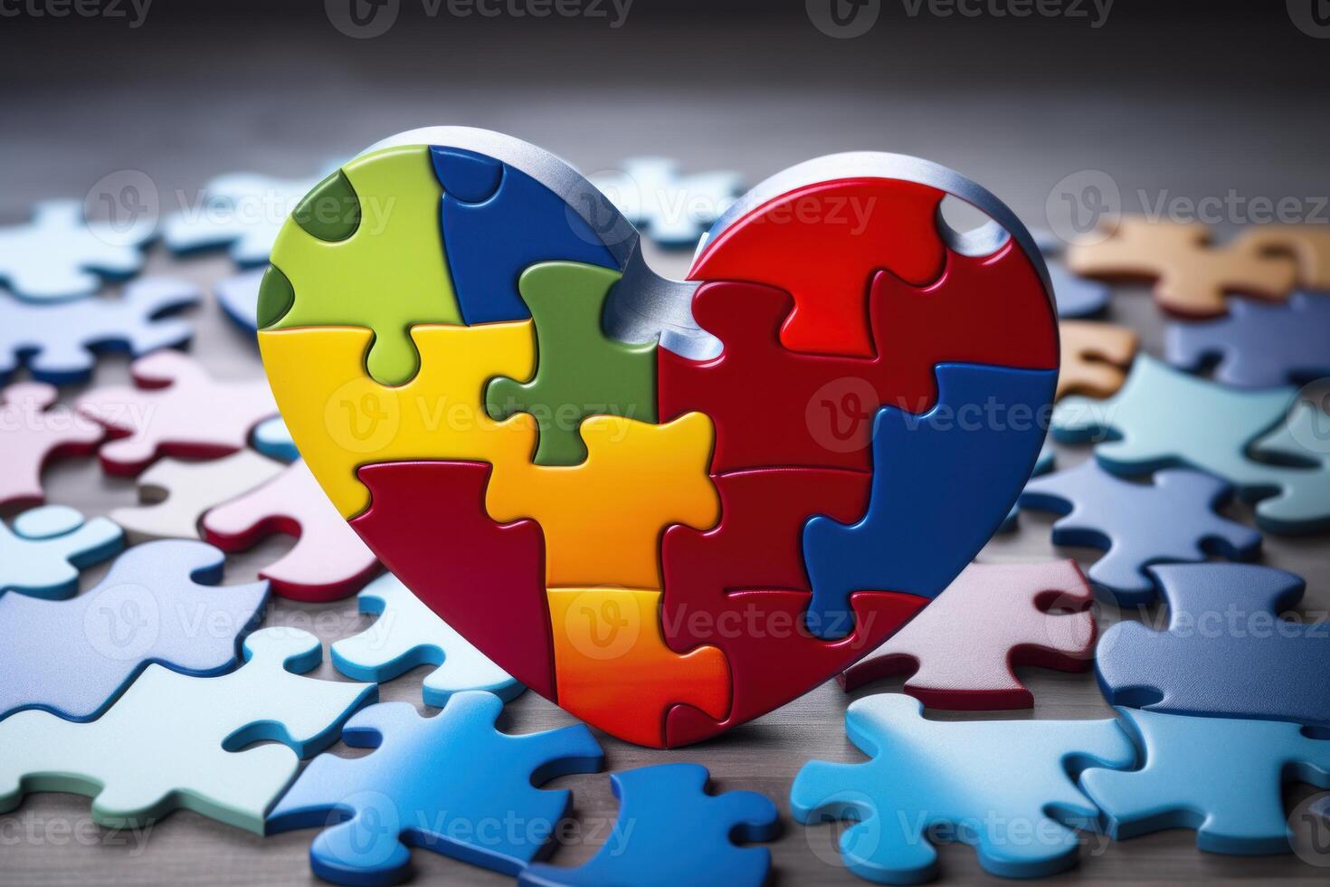 Colorful heart shaped puzzle emerging from scattered pieces photo