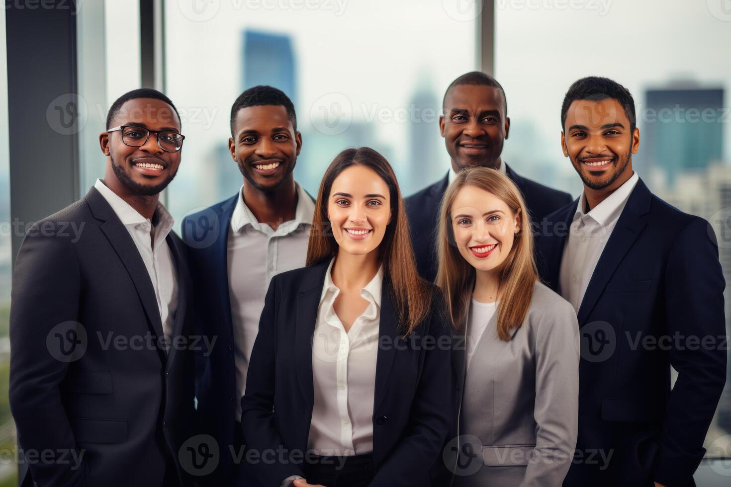 Business team smiling together in modern office with city view photo