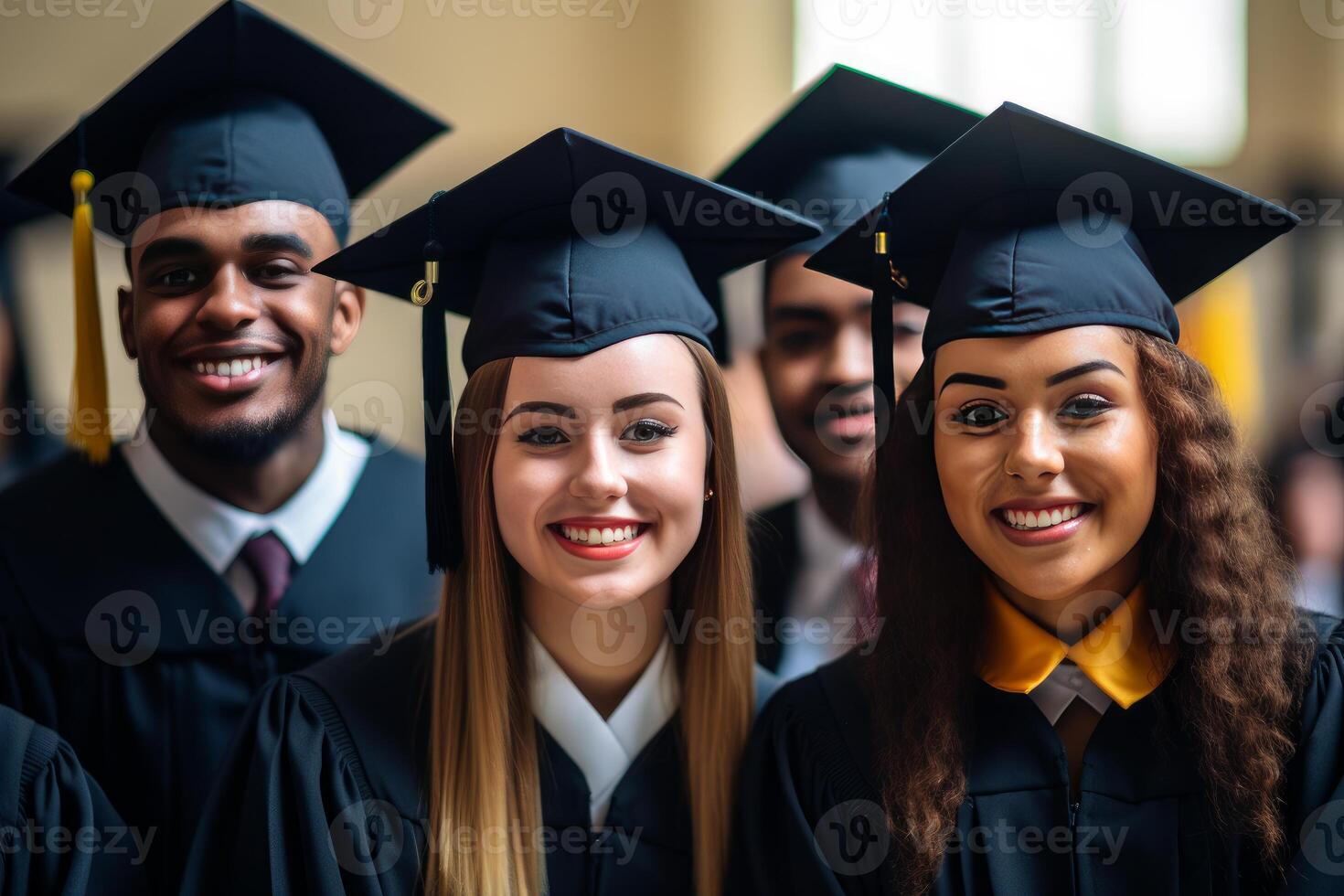 Happy diverse college graduates wearing caps and gowns smiling photo