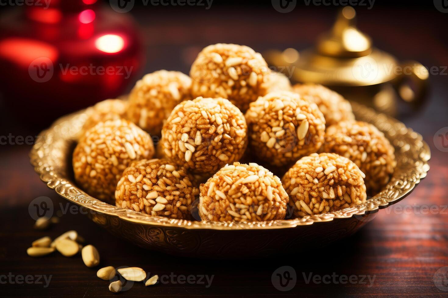 Delicious sesame seed balls resting on ornate golden plate photo