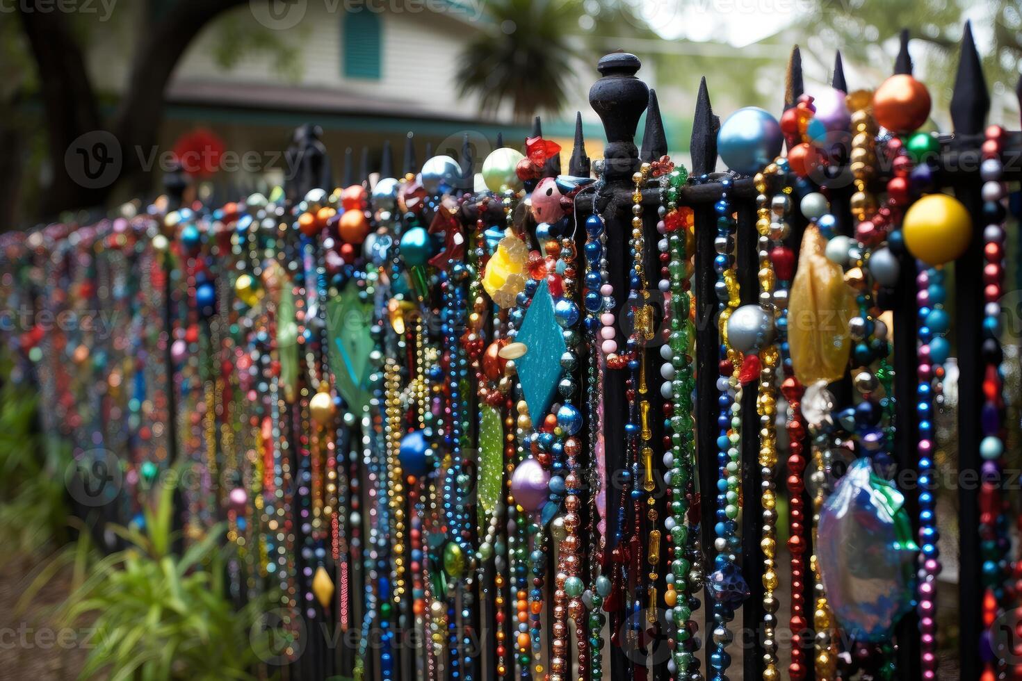 Colorful mardi gras beads hanging on a wrought iron fence in new orleans photo
