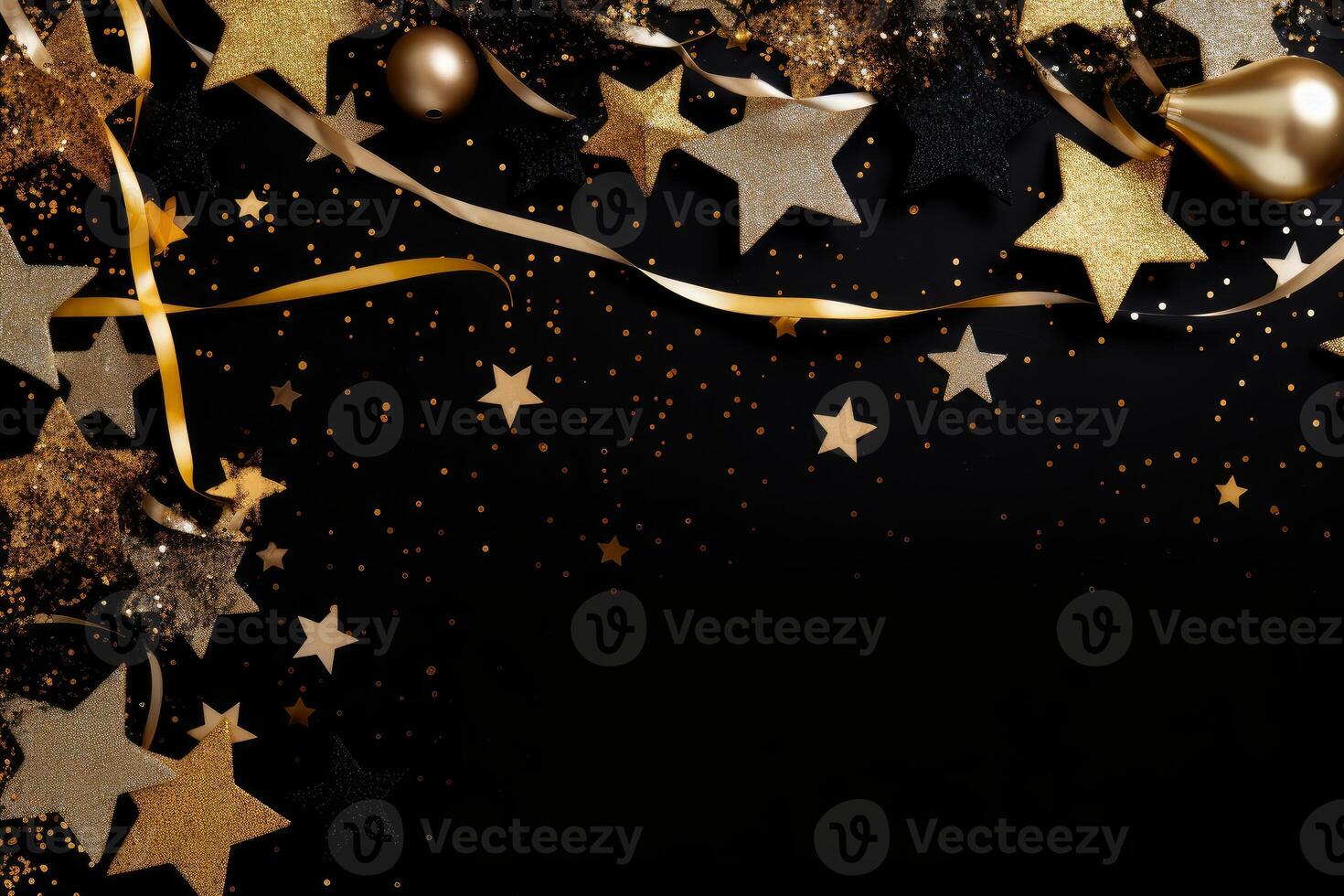 Golden and black festive stars and ribbons creating christmas border on black background photo