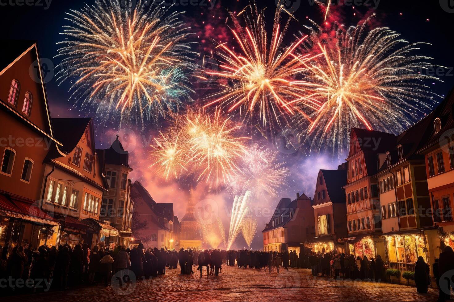 Crowd watching colorful fireworks exploding over traditional european town photo