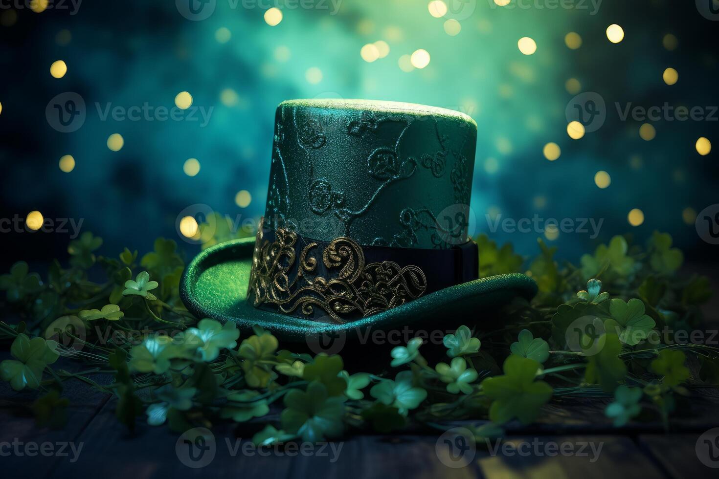 Green leprechaun hat celebrating saint patrick's day with shamrocks and festive bokeh lights photo