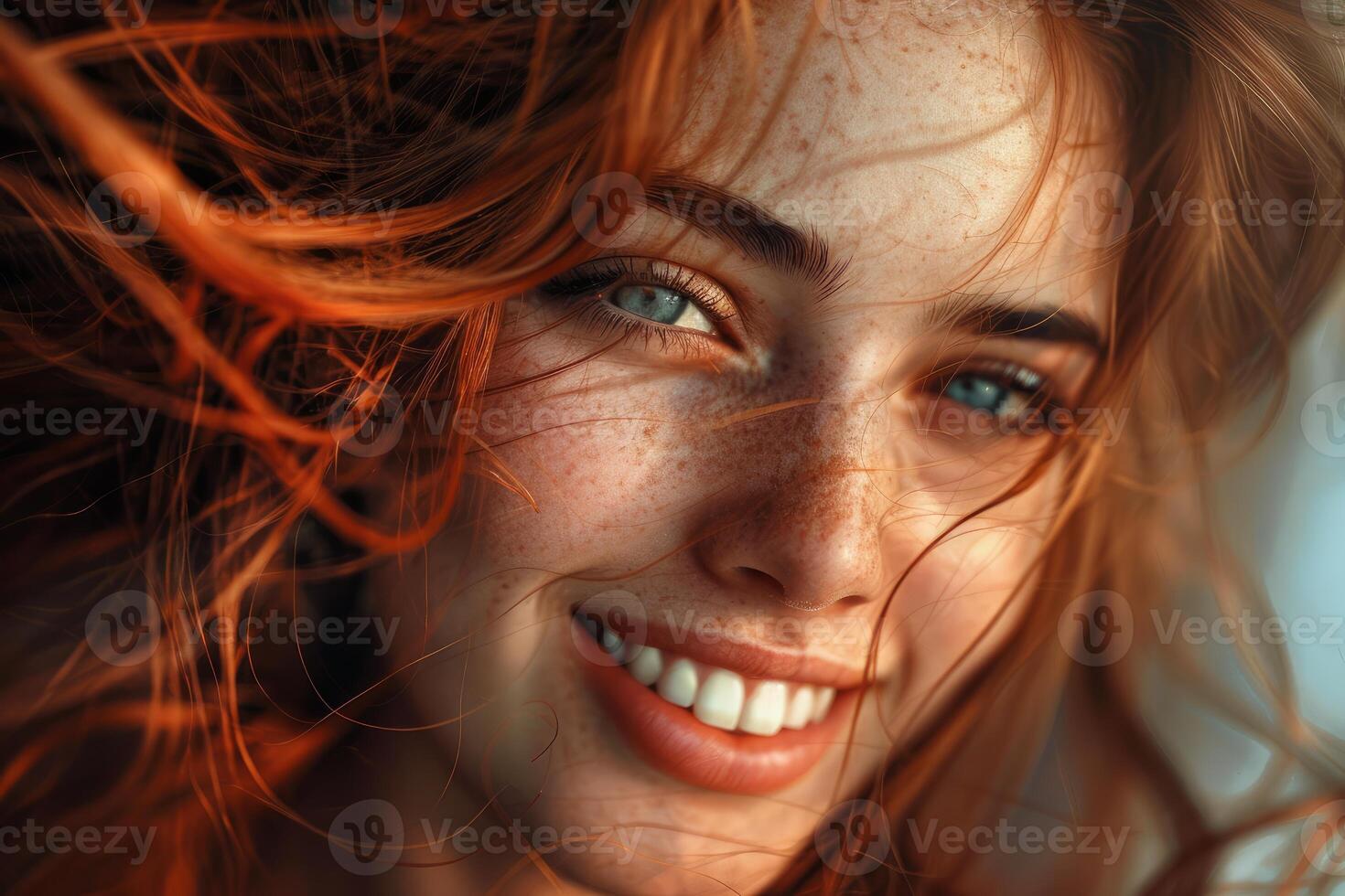 Close up portrait of smiling ginger woman with freckles and blowing hair photo