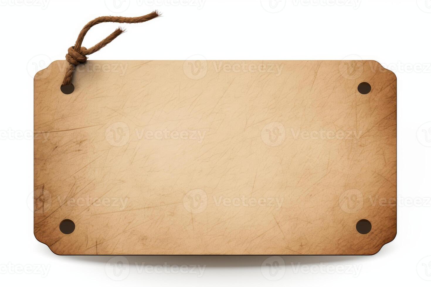 Blank hanging cardboard sign with string on white background photo