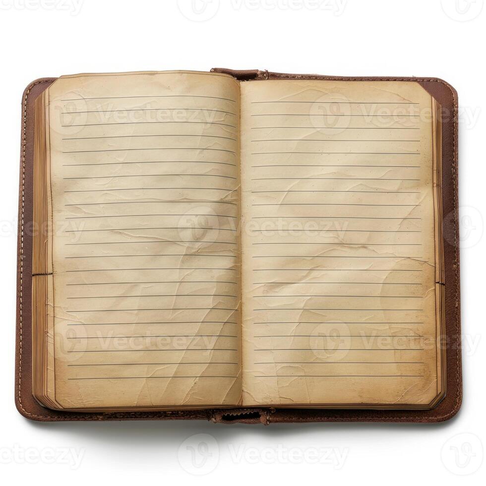 Open vintage notebook showing blank lined pages on white background photo