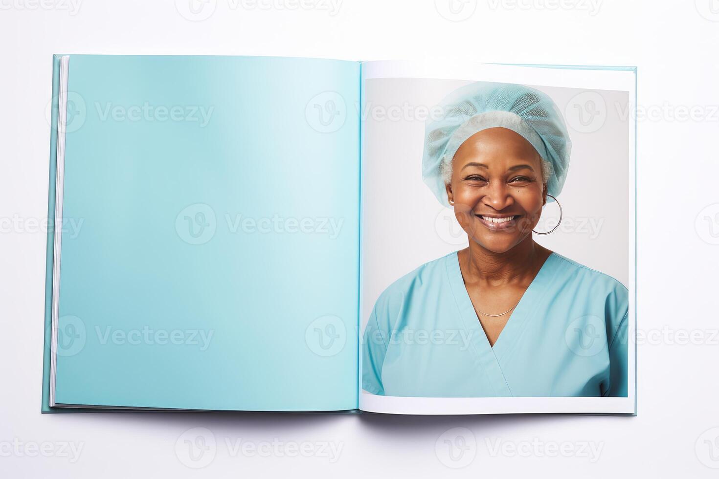 Smiling surgeon portrait inside medical book with turquoise cover photo