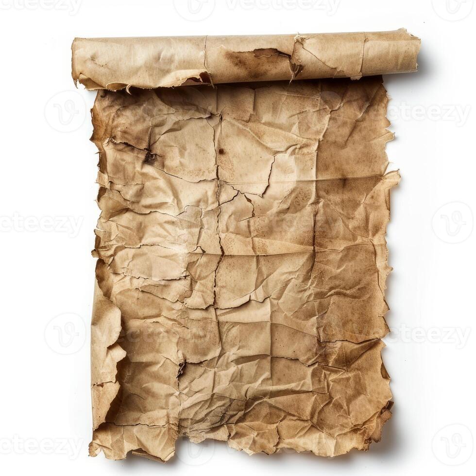 Old crumpled paper scroll showing folded and burned edges on white background photo