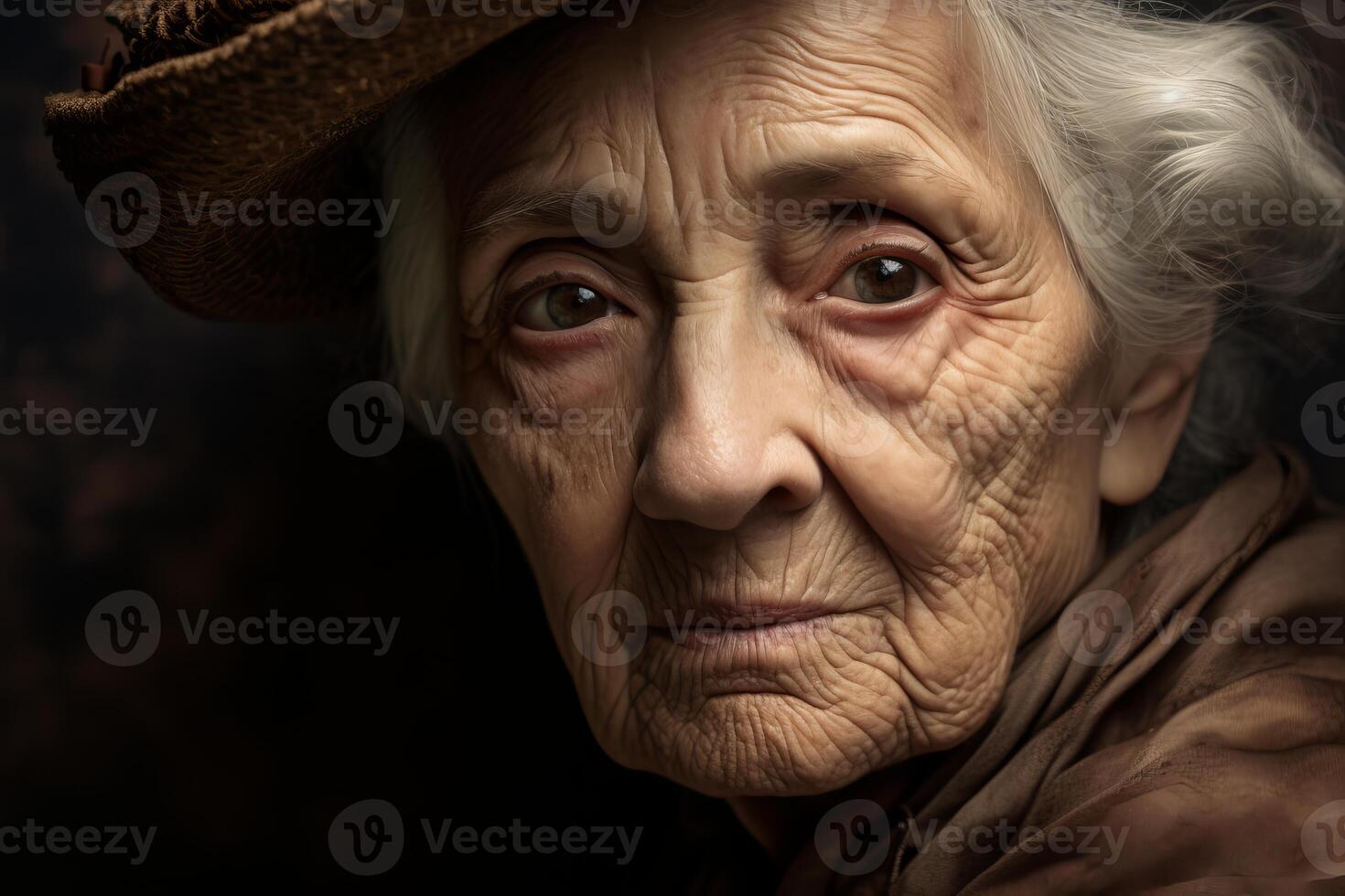 Portrait of senior woman with expressive face wearing hat photo