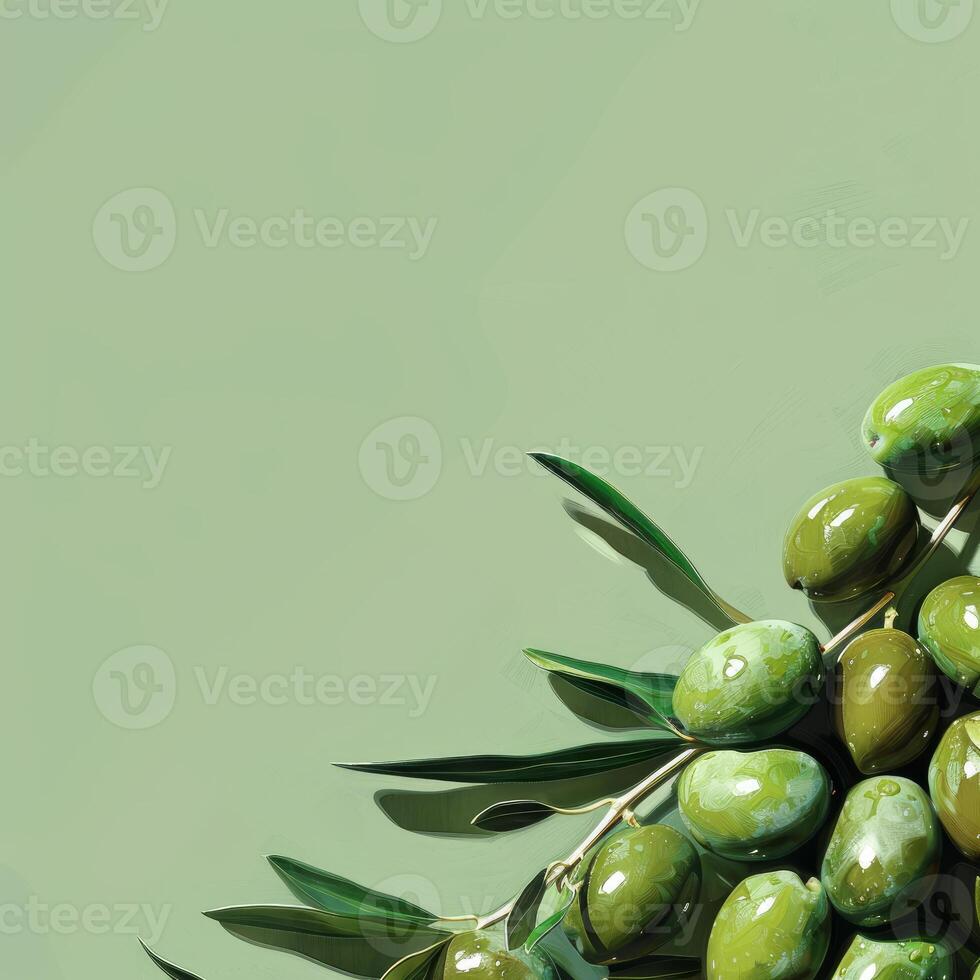 Olive branch with green olives resting on a pastel green background photo