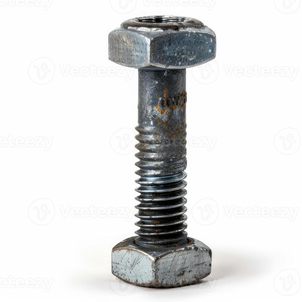 Large rusty bolt standing upright with nuts on white background photo