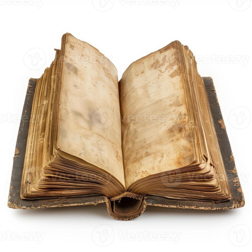 Open antique book showing blank pages with stained paper photo