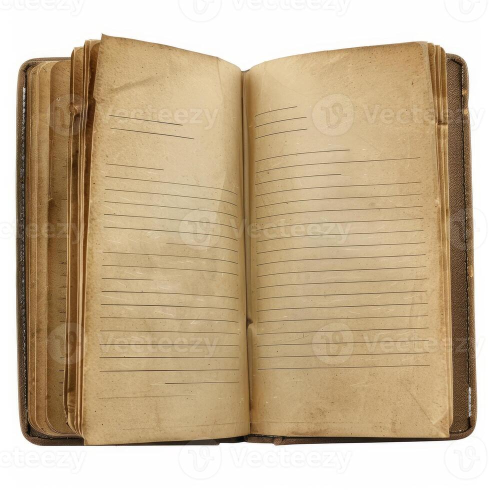 Open antique notebook showing blank lined pages on white background photo