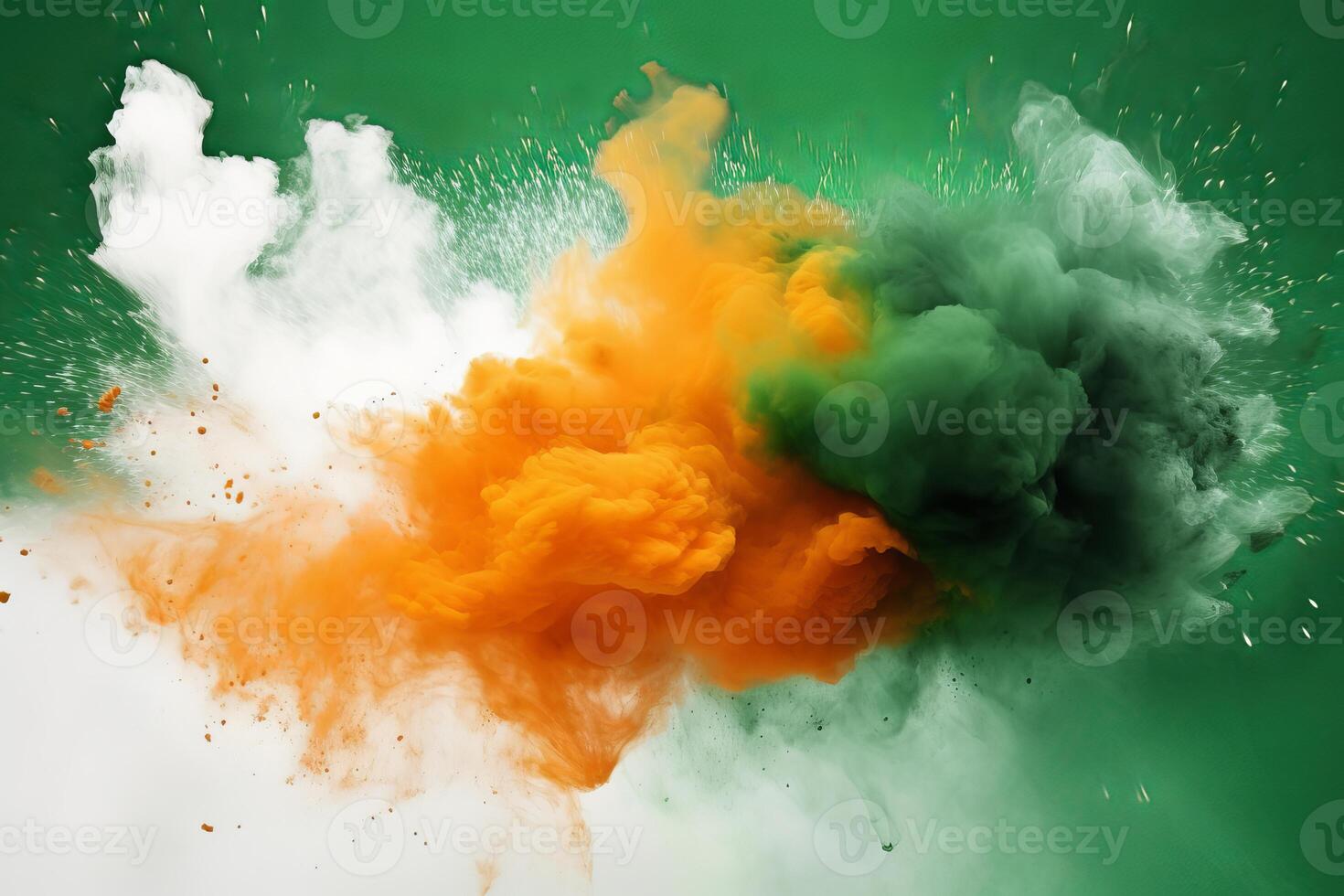 Colorful smoke explosion creating abstract shapes on green background photo