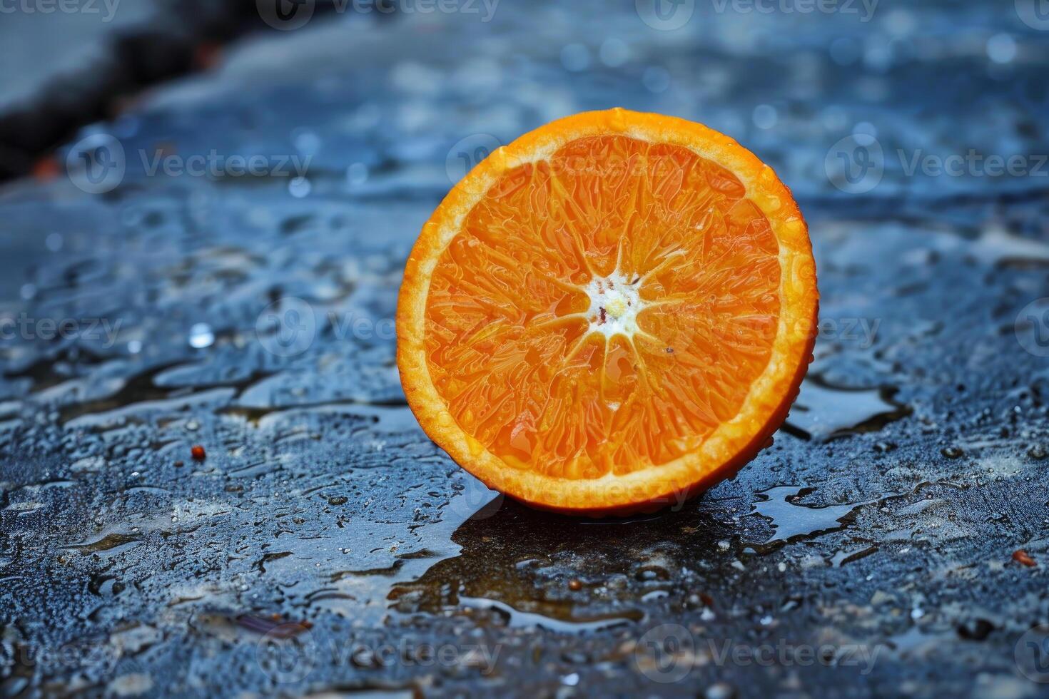 Juicy orange slice resting on wet surface photo