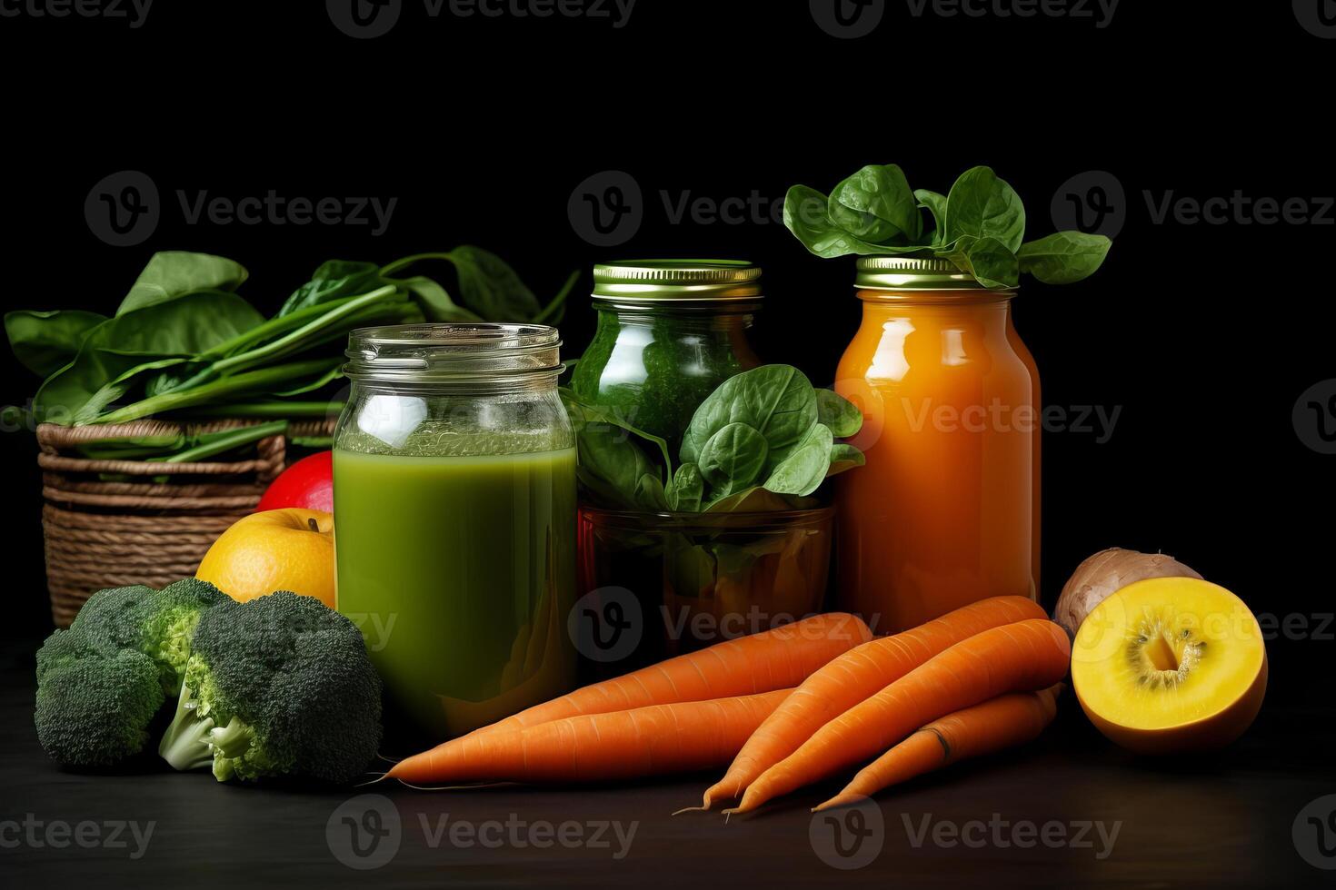 Jars of detox smoothies with fresh vegetables and fruits on black background photo