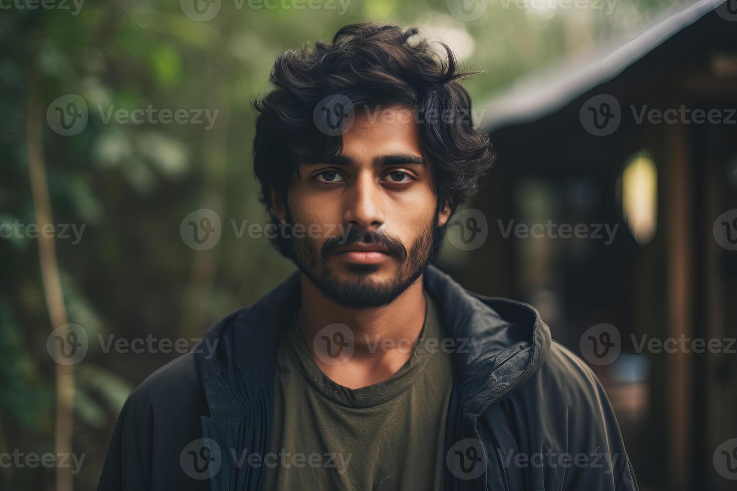 Young man with curly hair and beard posing in the forest photo