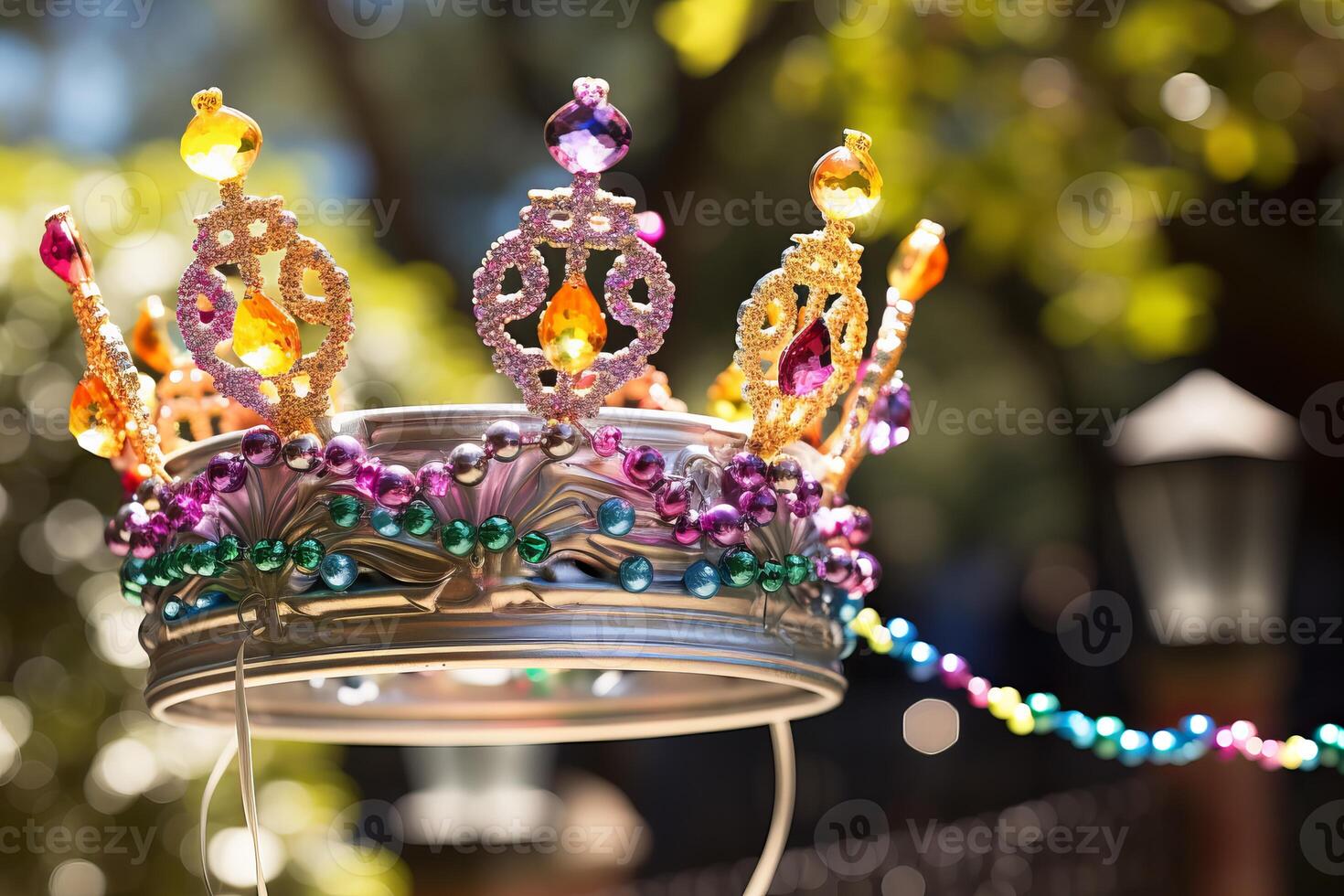 Colorful mardi gras crown hanging outdoors, celebrating carnival season photo