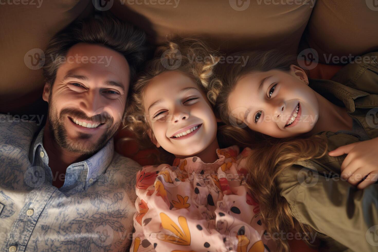 Happy father lying with daughters on sofa, enjoying family time photo