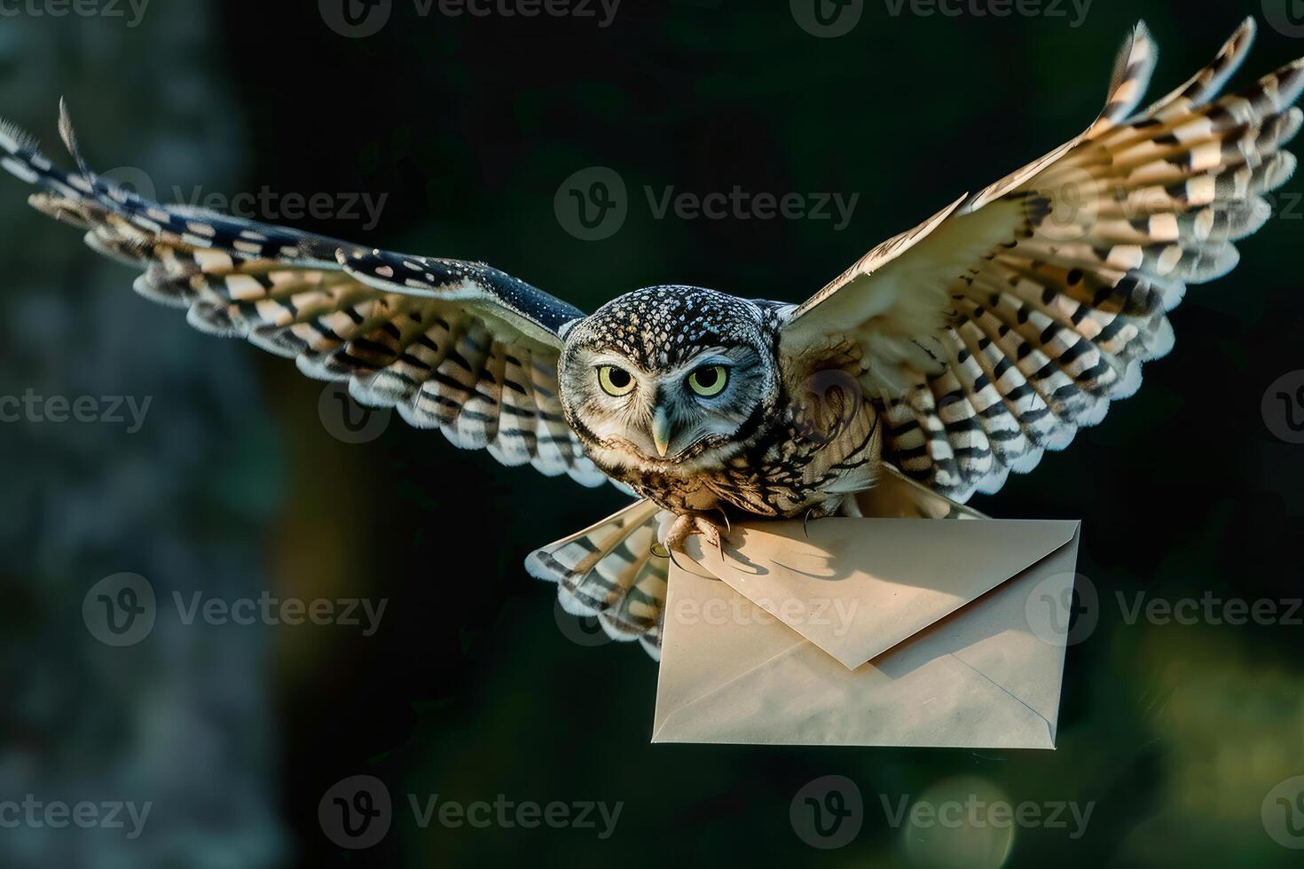 Owl delivering mail in flight with open wings photo