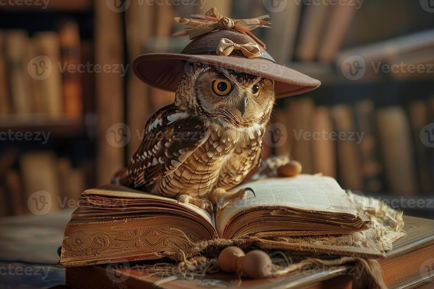 Wise owl wearing hat reading ancient book in library photo