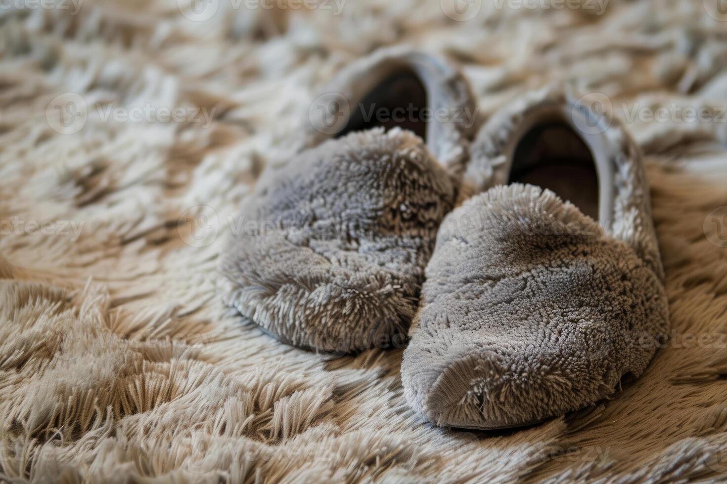 Pair of cozy grey slippers resting on soft carpet photo