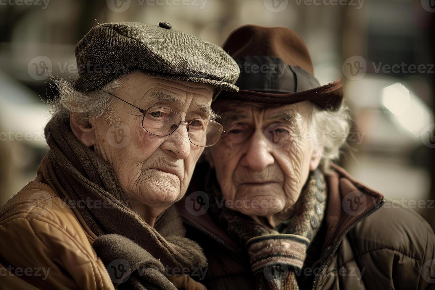 Elderly couple wearing hats and scarves posing for portrait photo