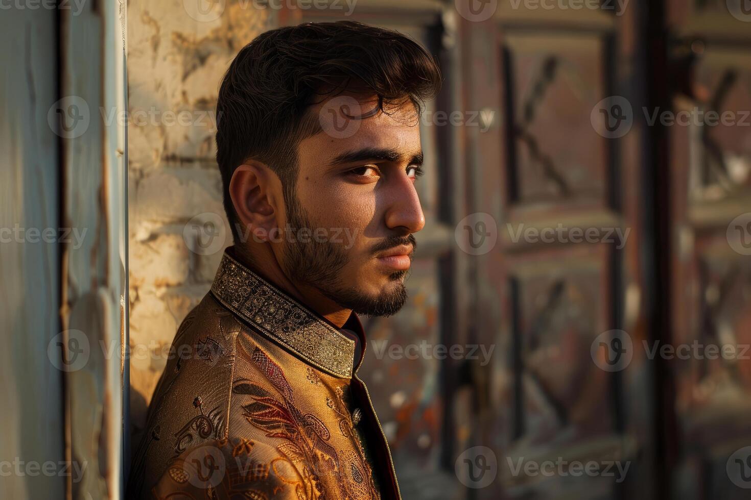 Young groom wearing traditional sherwani posing in soft sunlight photo