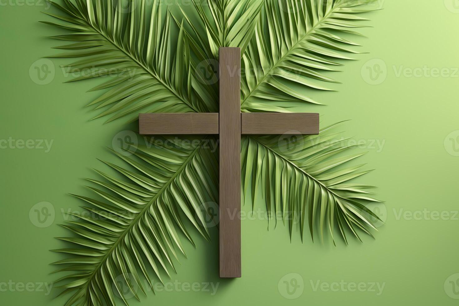 Christian cross surrounded by palm leaves symbolizing palm sunday on green background photo