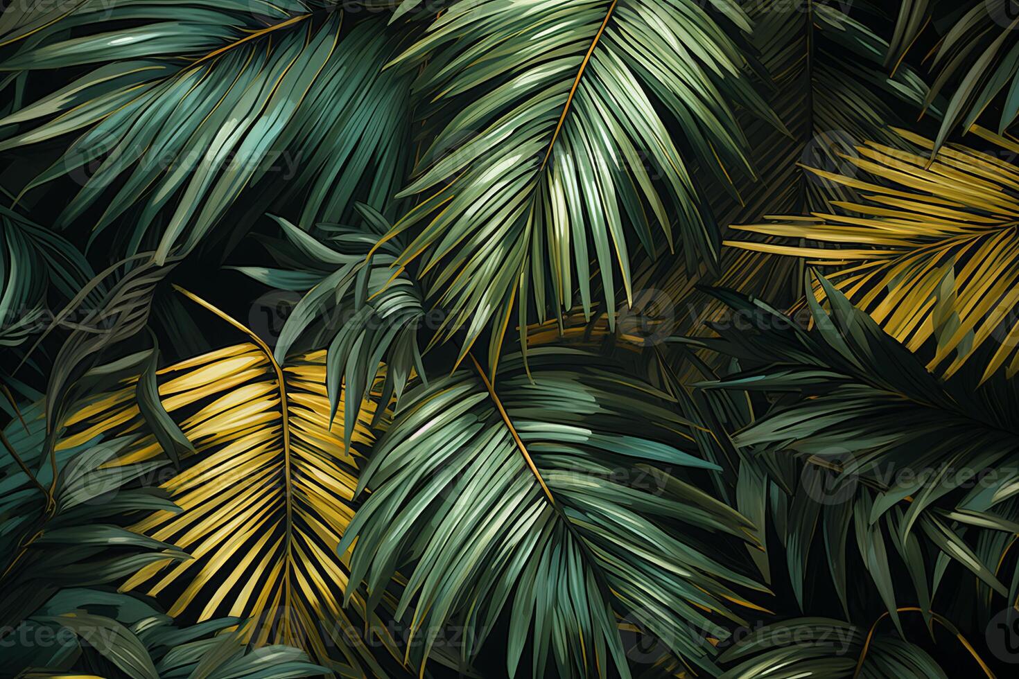 Golden and green palm leaves creating lush tropical background photo