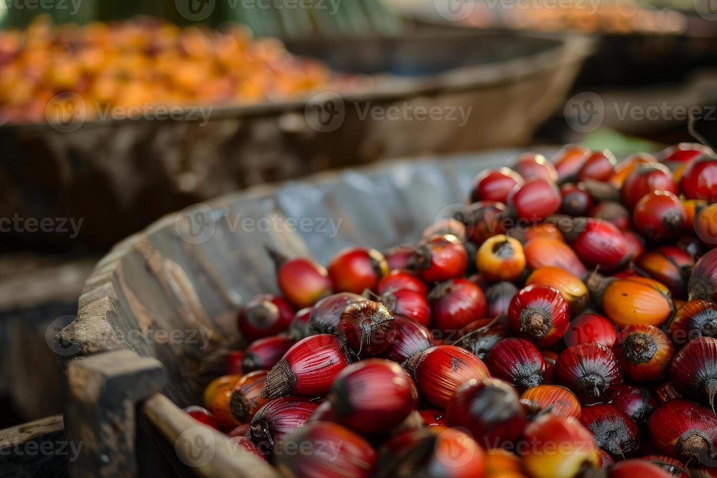 Freshly harvested palm oil fruit in wooden baskets displaying vibrant colors photo
