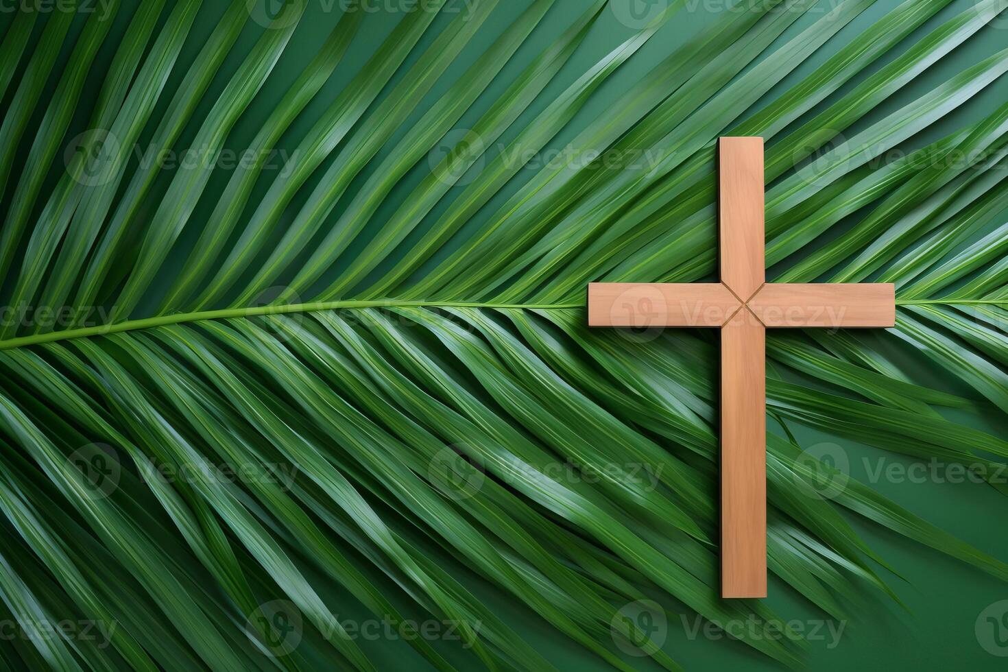 Wooden christian cross resting on palm leaves symbolizing palm sunday photo