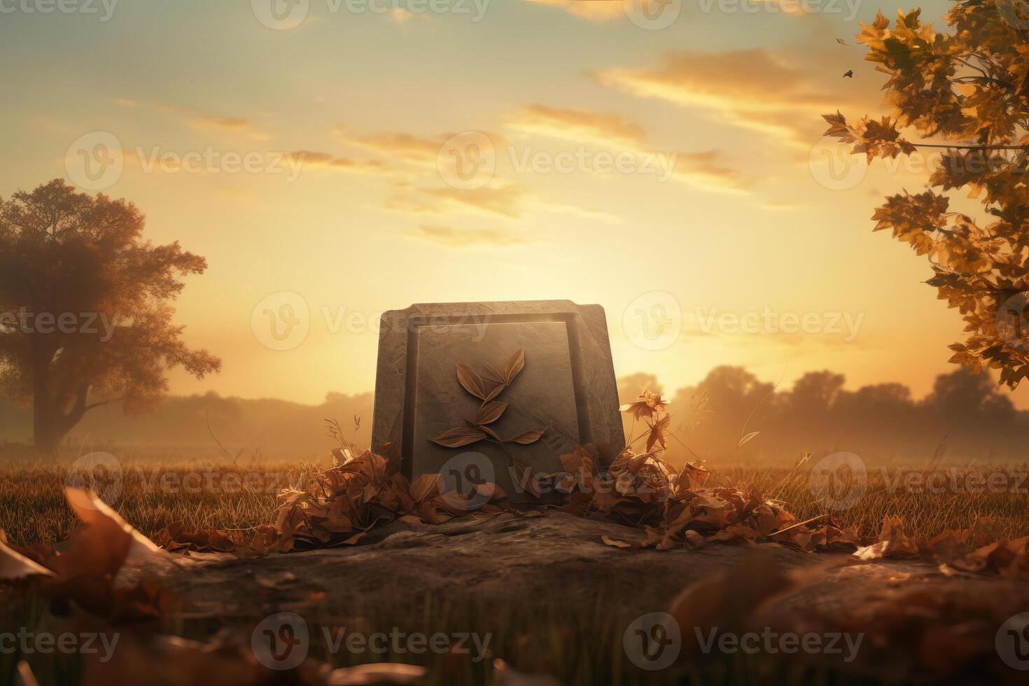 Tombstone with plant relief illuminated by setting sun in autumn field photo