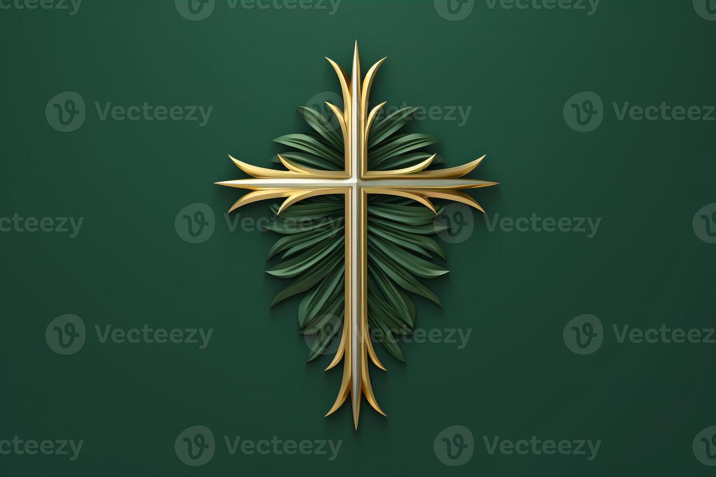 Golden christian cross adorned with emerald green palm leaves on matching background photo