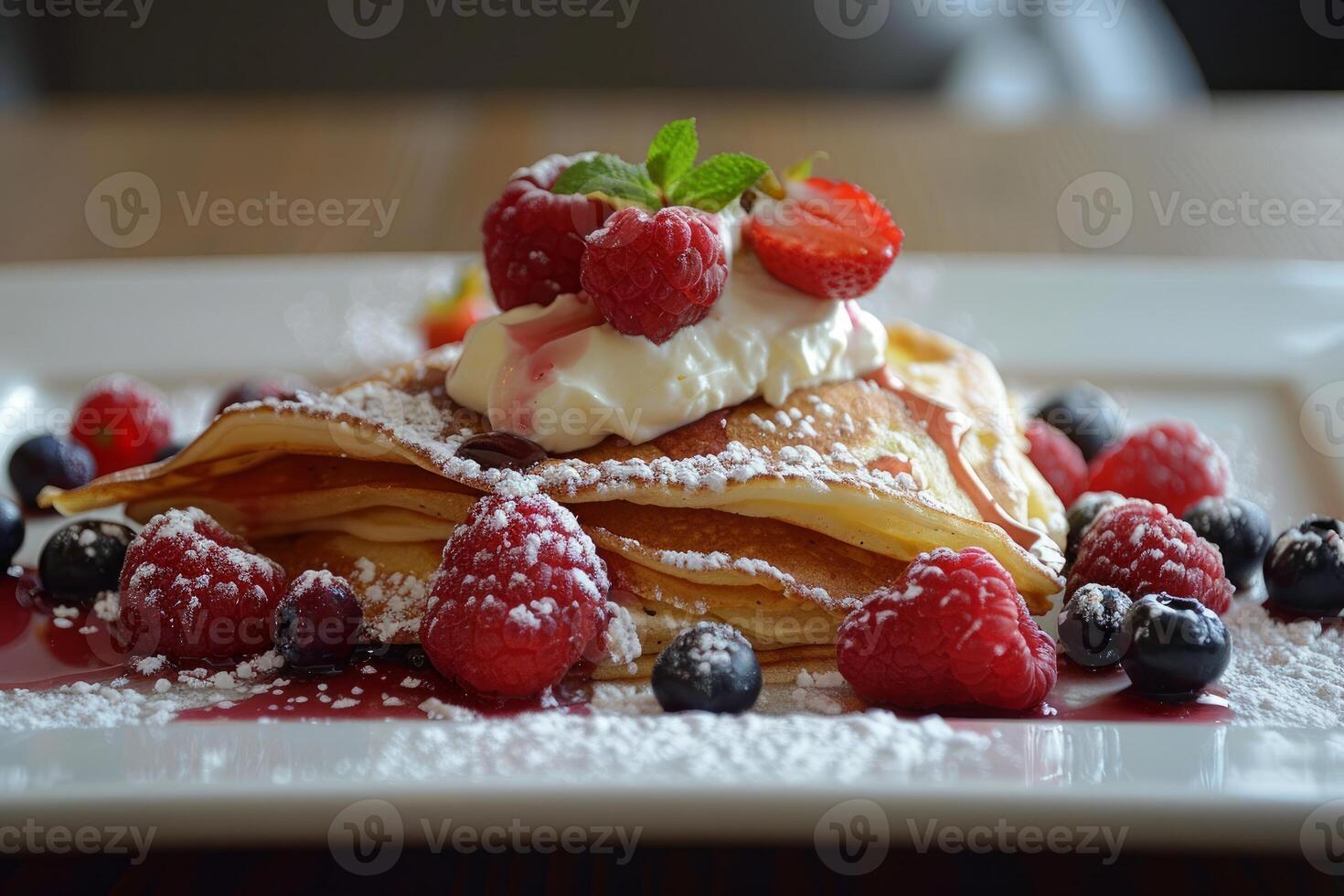 Delicious pancakes with whipped cream and fresh berries garnished with icing sugar photo
