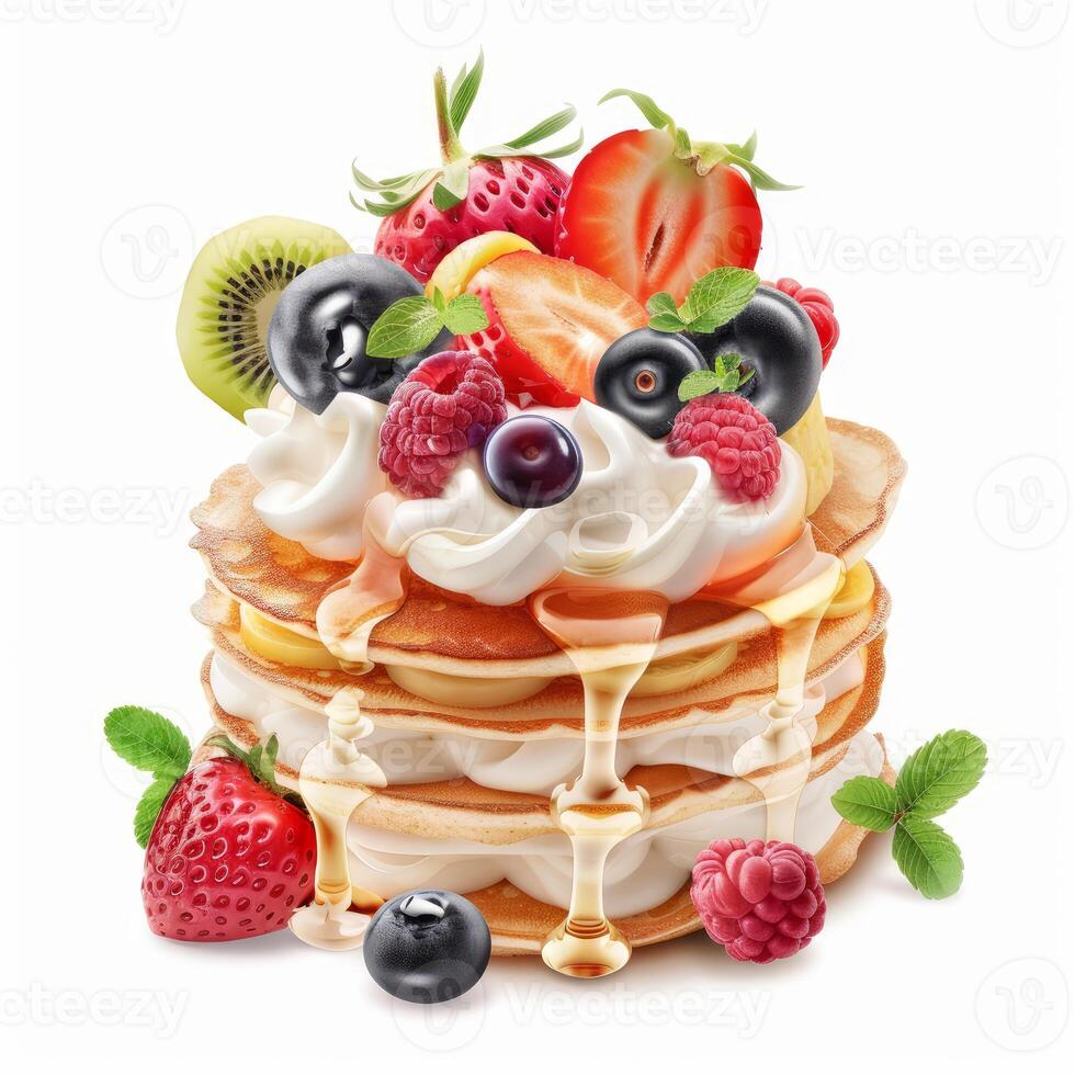Stack of pancakes dripping with honey topped with whipped cream, berries and kiwi photo