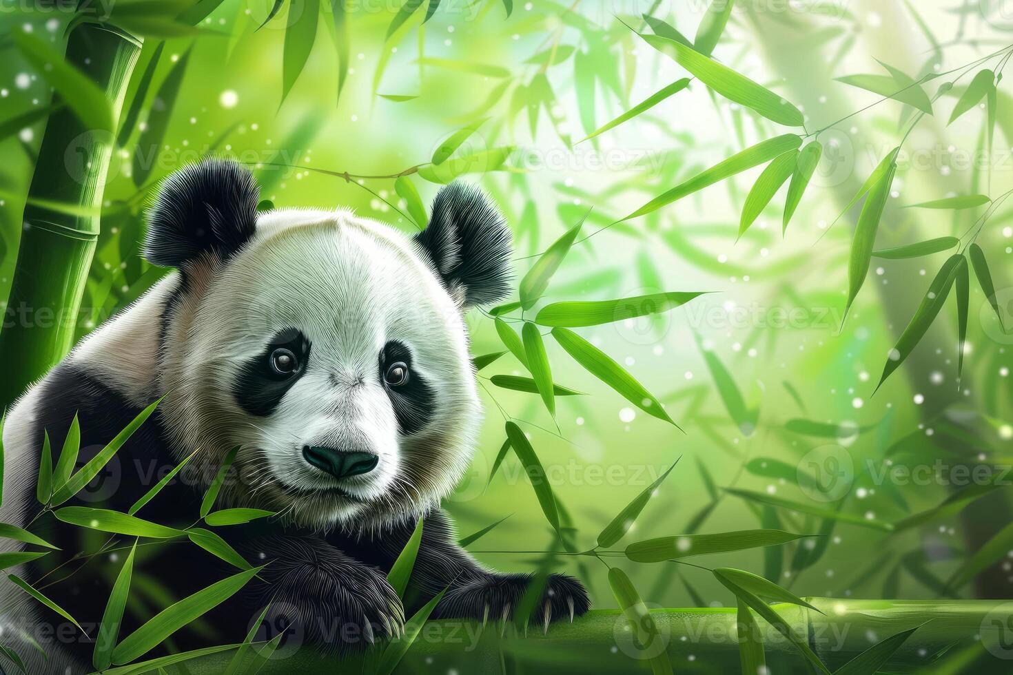Cute panda cub relaxing in lush bamboo forest photo