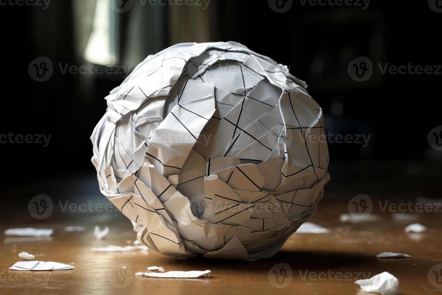 Crumpled paper ball resting on wooden table with torn scraps scattered around photo