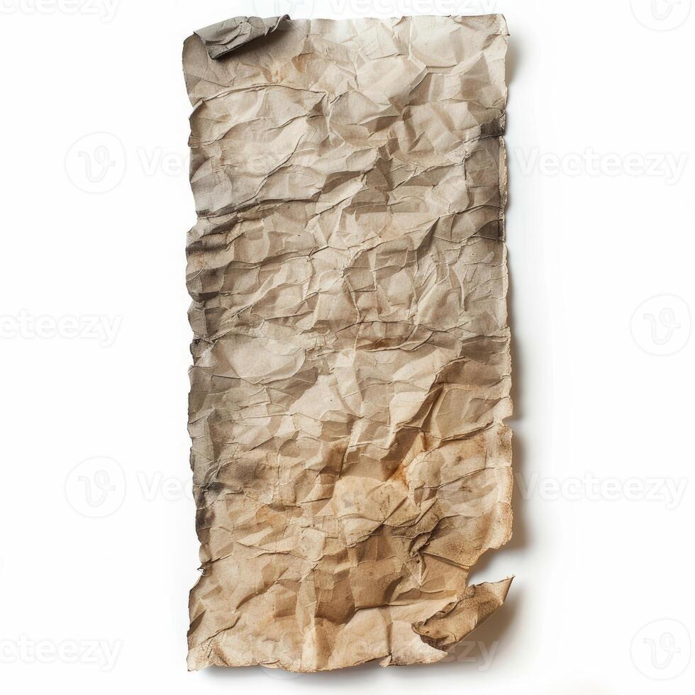 Crumpled and burnt piece of paper on white background photo