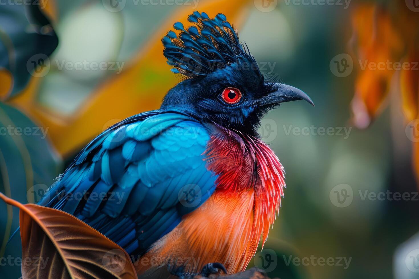 Colorful royal flycatcher perched on a branch showing its plumage photo